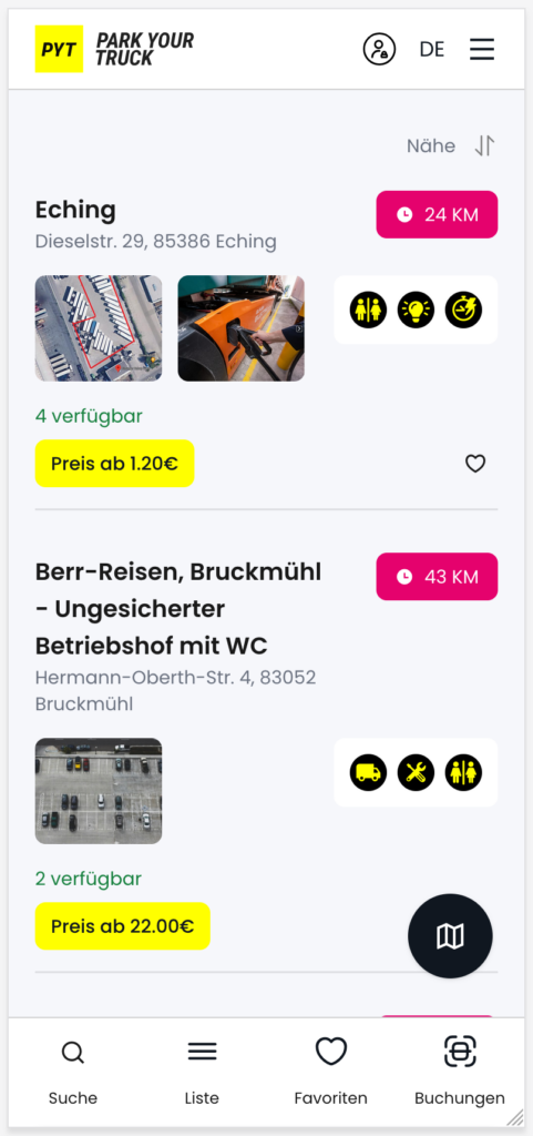 Buchungssystem App – Liste der Ladepunkte