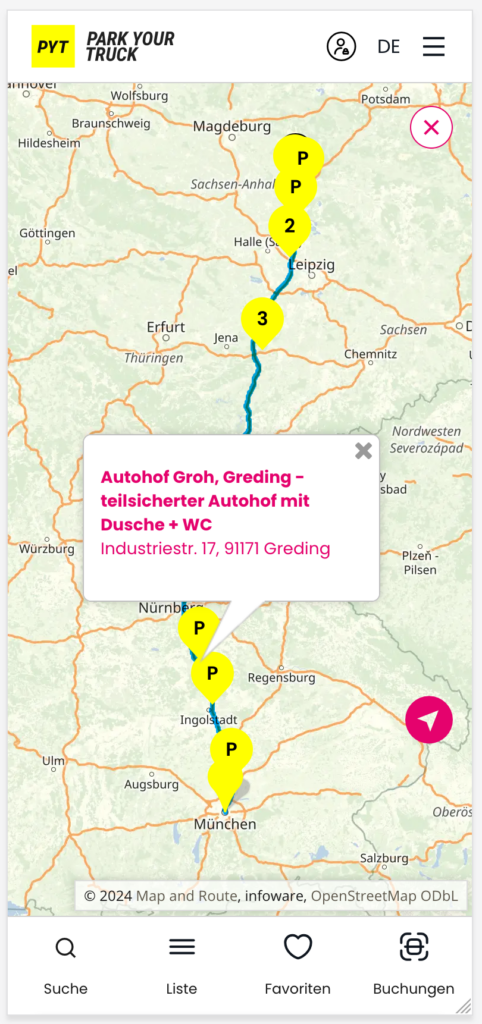 Buchungssystem App – Suche entlang der Route